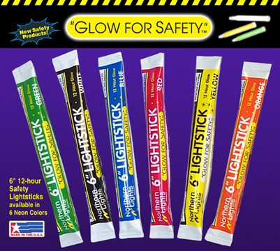 Emergency Safety Glow Sticks, 6 inch, in green or yellow, 12 hour duration